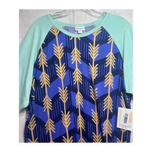 Lularoe Womens XL Arrow Print 3/4 Sleeve Raglan Top Blue Teal Unique Pattern NWT